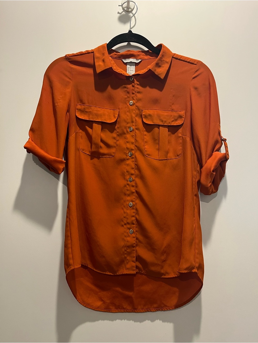 H&M Rust Orange Button-Front Roll-Sleeve Shirt